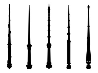 Magic wands set. Wizard tool. Wooden stick collection. Black contour isolated on white background. Vector illustration - obrazy, fototapety, plakaty