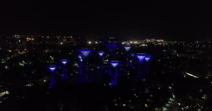 Aerial drone view of Supertree Grove in the Graden by the Bay at night, Singapore