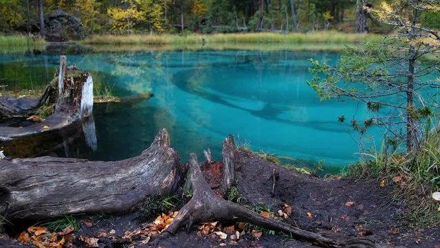 Panorama of Blue Geyser lake in Altai mountains
