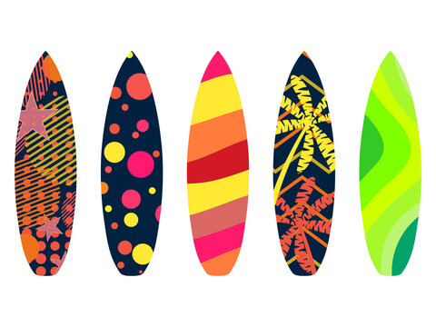Surfboards on a white background. Types of surfboards with a pattern. Tropics, palm trees, summer motive. Vector illustration