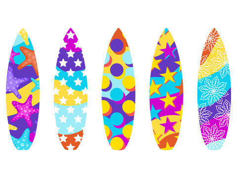 Surfboards on a white background. Types of surfboards with a pattern. Starfish, mandala. Vector illustration