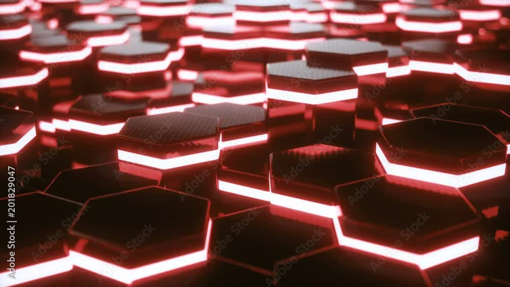 Poster abstract red of futuristic surface hexagon pattern with light rays. 3d rendering 4k animation