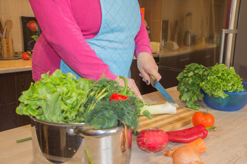 woman hands cutting vegetables on kitchen blackboard. Healthy food. Woman preparing vegetables