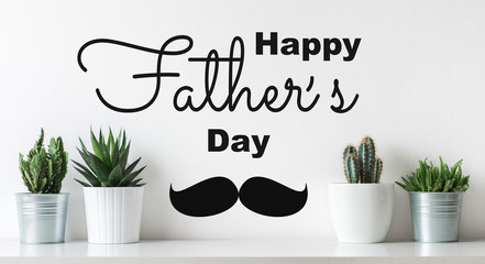 Unusual Happy Father's day Background. Crazy Cactus Father day greeting card. Potted cactus house plants on white shelf Fathers day web banner.