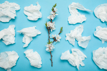 Minty napkins and a branch of a flowering tree. Allergy concept.