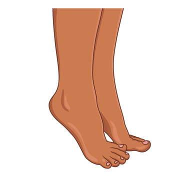Female legs barefoot, side view. Dark afro american skin. Vector illustration, hand drawn cartoon style isolated on white.