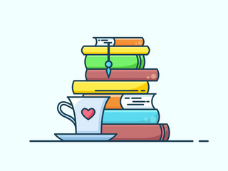 Naklejka premium Pile of books and coffee or tea cup with heart symbols. I love reading concept for libraries, book stores, festivals, fairs and schools. Line icon. Vector illustration isolated on white.