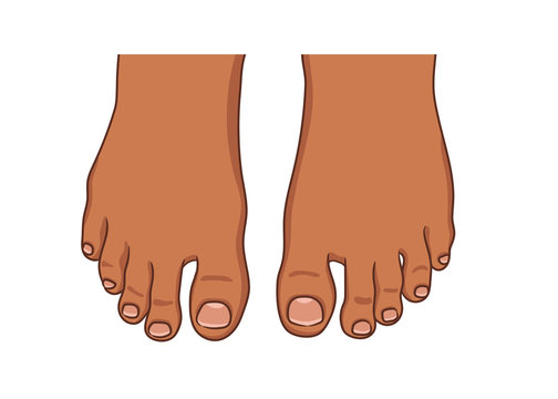 Female or male foot sole, barefoot, top view. Dark afro american skin.Toenails with pedicure.Vector illustration, hand drawn cartoon style isolated on white.