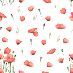 Seamless background with red poppy flowers, in watercolor style.