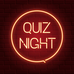 Fototapeta na wymiar Pub quiz announcement poster, vintage styled neon glowing letters shining on dark brick background. Questions team game for intelligent people.Vector illustration, glowing electric sign in retro style