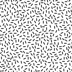 Geometric memphis retro seamless pattern 80s - 90s style. Stylish minimal ornament with black dashes on white background. Vector illustration in memphis art style for poster template or fabric print