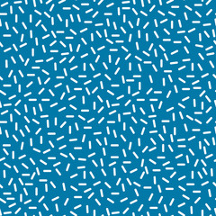 Stylish 1980s abstract memphis seamless pattern. Trendy minimal ornament with white dashes on blue background. Vector illustration in memphis art style for modern graphic or invitation templates
