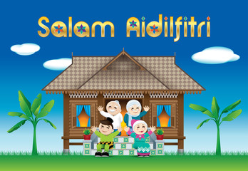 A Muslim family celebrating Raya festival in their traditional Malay style house. With village scene. The words 