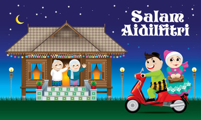 A couple is just arrive their home town, ready to celebrate Raya festival with their parents. The words 