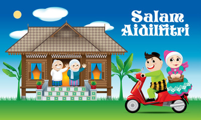 A couple is just arrive their home town, ready to celebrate Raya festival with their parents. The words 