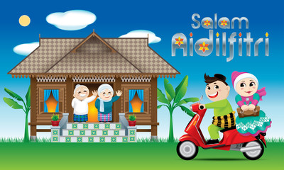 A couple is just arrive their home town, ready to celebrate Raya festival with their parents. The words 