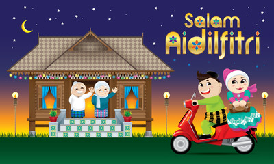 A couple is just arrive their home town, ready to celebrate Raya festival with their parents. The words 