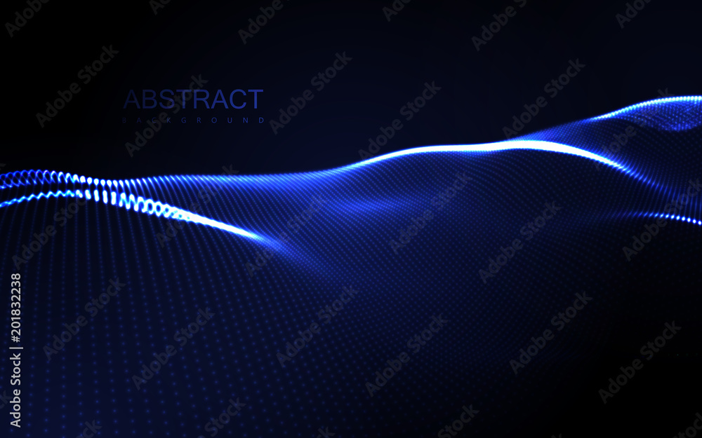 Poster 3d illuminated abstract digital wave of glowing particles.