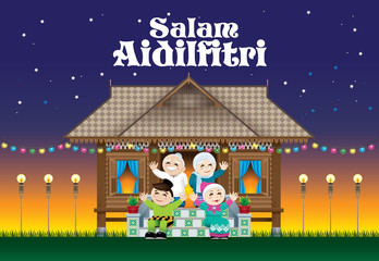 A Muslim family celebrating Raya festival in their traditional Malay style house. With village scene. The words 