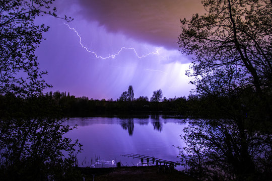 Lightning Bolt As Summer Storm Passes Over Carp Fishing Lake