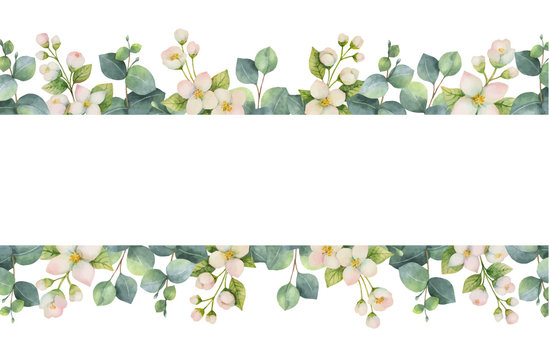 Watercolor vector wreath with green eucalyptus leaves, Jasmine flowers and branches.