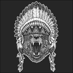 Bear Cool animal wearing native american indian headdress with feathers Boho chic style Hand drawn image for tattoo, emblem, badge, logo, patch
