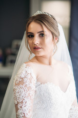 Portrait of a bride in a wedding dress. The bride dresses in the hotel.