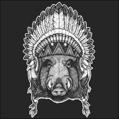 Aper, boar, hog, wild boar Cool animal wearing native american indian headdress with feathers Boho chic style Hand drawn image for tattoo, emblem, badge, logo, patch