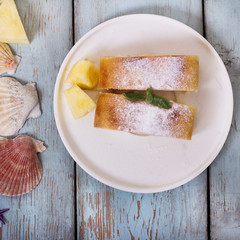 Pie, strudel, cake with cheese and exotic fruits