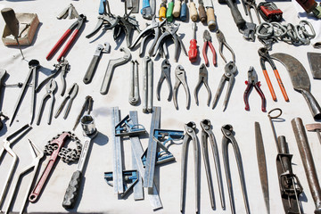 Set of old, new and vintage tools in a flea market in a sunny day in Istanbul