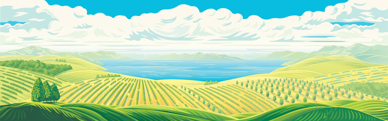 Fototapeta premium Rural panoramic landscape with a beautiful view of distant fields, gardens and plantations with a large water lake or sea. Vector illustration.