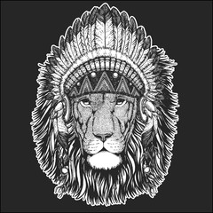 Wild lion Cool animal wearing native american indian headdress with feathers Boho chic style Hand drawn image for tattoo, emblem, badge, logo, patch