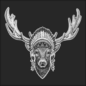Deer Cool animal wearing native american indian headdress with feathers Boho chic style Hand drawn image for tattoo, emblem, badge, logo, patch