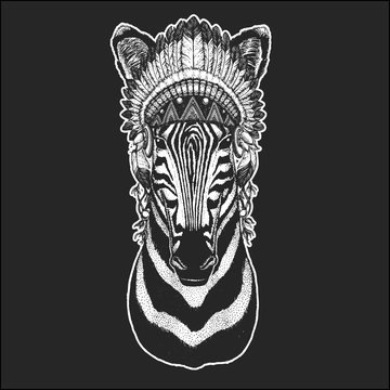 Zebra Horse Cool animal wearing native american indian headdress with feathers Boho chic style Hand drawn image for tattoo, emblem, badge, logo, patch