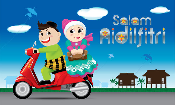A couple is on the way back to their hometown, ready to celebrate Raya festival with their family. The words "Salam Aidilfitri" means happy Hari Raya.