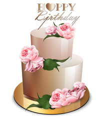 Happy birthday cake Vector realistic. Anniversary, wedding, ceremony modern desserts. Golden cake with peony flowers