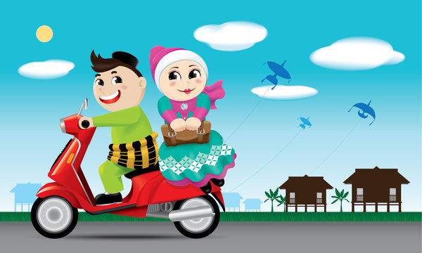 A couple is on the way back to their hometown, ready to celebrate Raya festival with their family.
