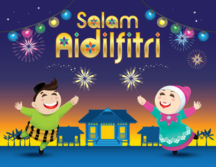 A boy and a girl is playing with fireworks during their Raya festival celebration. With village scene. The words 