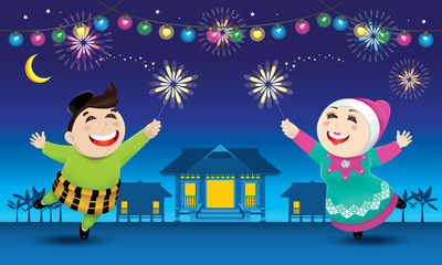 A boy and a girl is playing with fireworks during their Raya festival celebration. With village scene. 