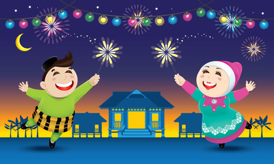 A boy and a girl is playing with fireworks during their Raya festival celebration. With village scene. 