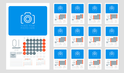 Calendar for 2018 year. Week starts on Sunday. Vector design print template
