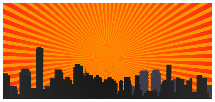 Sunrise and modern black silhouette city in Pop art style. Comics book design background. Vector illustration retro style