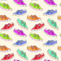 Colorful modern sneakers with white sole, hand painted watercolor illustration, seamless pattern on soft yellow background
