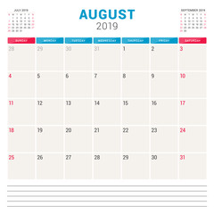 Calendar planner for August 2019. Week starts on Sunday. Printable vector stationery design template