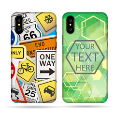Green Abstract cover smartphone on a gray background. Montage of Numerous Traffic Control Signs and Signals. cover smartphone .vector illustration