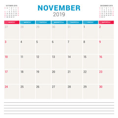 Calendar planner for November 2019. Week starts on Sunday. Printable vector stationery design template