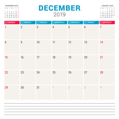 Calendar planner for December 2019. Week starts on Sunday. Printable vector stationery design template