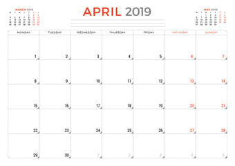 April 2019. Calendar planner stationery design template. Vector illustration
