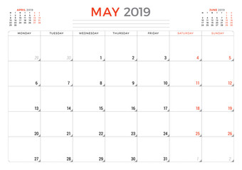 May 2019. Calendar planner stationery design template. Vector illustration