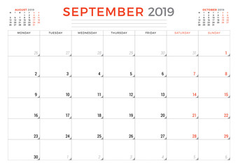 September 2019. Calendar planner stationery design template. Vector illustration
